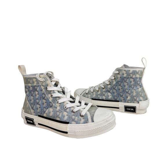 Christian DIOR B23 Blue White Oblique Canvas Lace Up Hi Top Sneakers Men Size 41 - Picture 1 of 10